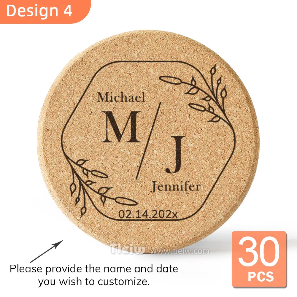 30-Piece Personalized Cork Coaster Set - Custom Tie Design Wedding Favors, Bridal Shower Gifts and Corporate Party Keepsakes