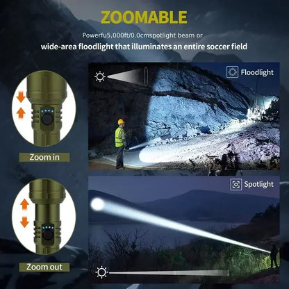 Flashlight Lighter & Power Bank - Rechargeable 5-Mode Zoomable LED Torch for Camping & Emergencies