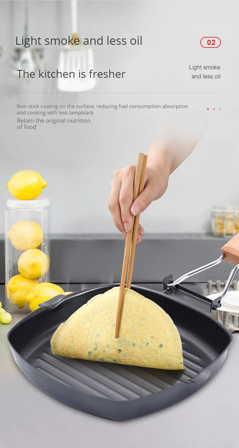 Foldable Portable Grill Pan – Double-Mouth Steak Pan with Anti-Scald Wooden Handle for Outdoor Cooking
