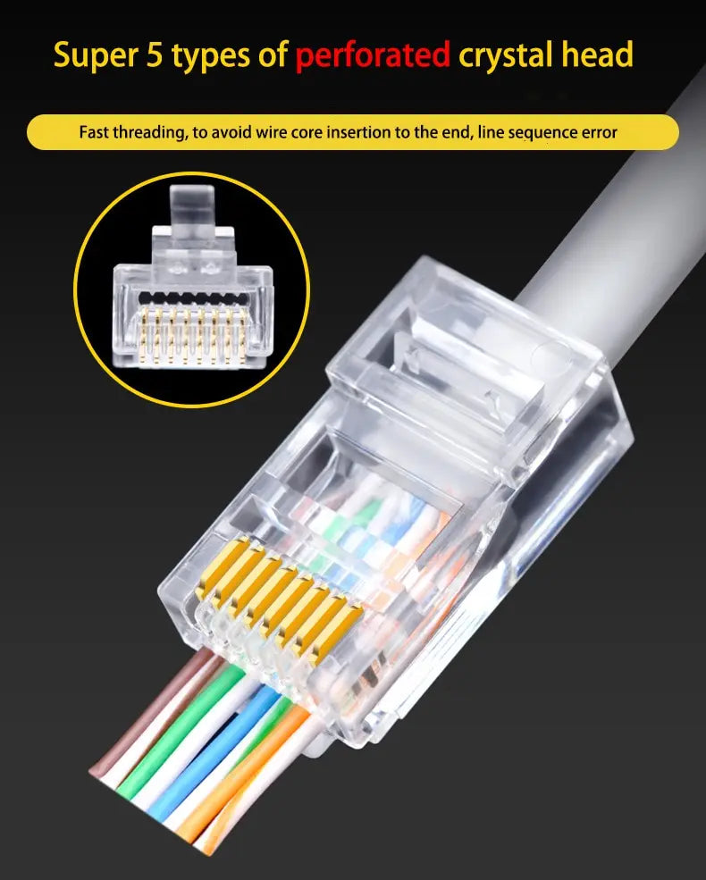 50 PCS RJ45 Cat6 Connectors — Unshielded Perforated Crystal Head for Network Cables