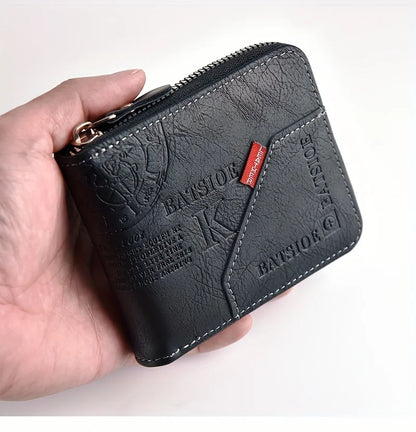 Men's PU Wax Oil Skin Wallet – Short Card Holder & Coin Purse with Zipper Around for Men