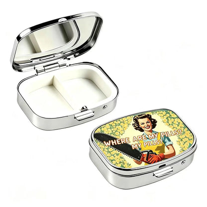 “Where Are My Pills?” Metal Pill Box - Retro 2-Compartment Portable Travel Medicine Organizer
