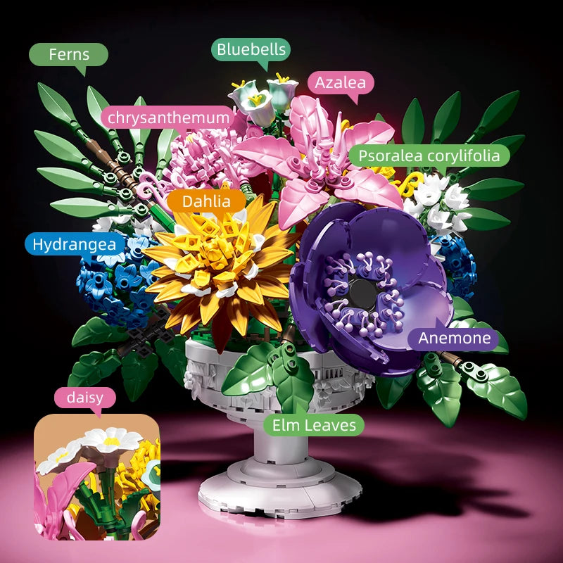 1081PCS Dream Flower Bouquet Building Blocks – Model Room & Garden Ornaments Toy for Kids, Girls, Adults, Christmas Gifts