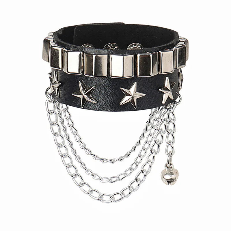 90s Punk Style Bracelet – PU Leather with 3 Rows of Spikes & Square Studs, Fashion Bangle for 2024