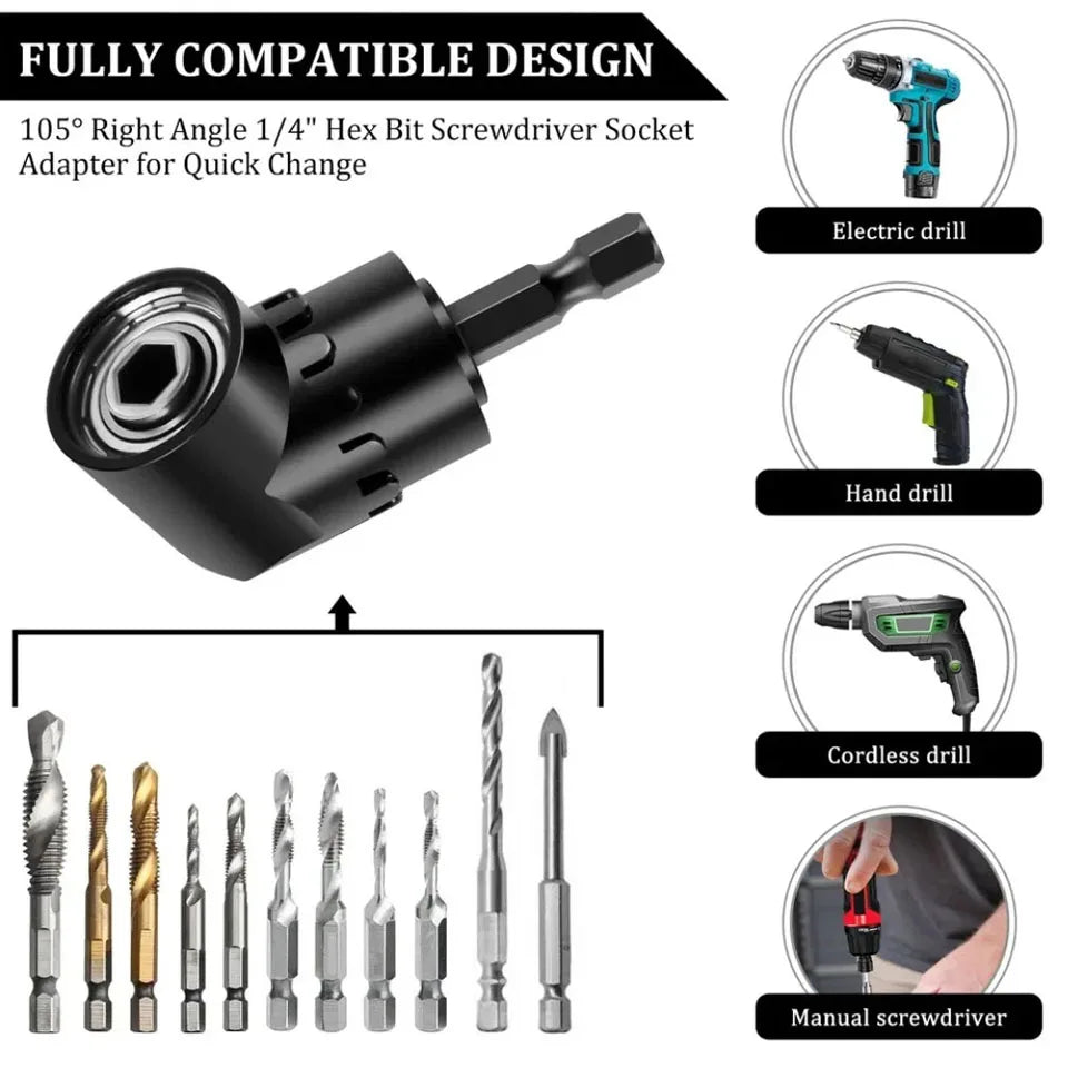 Flexible Drill Extension Kit – 105° Right Angle Drill Adapter with Universal Sleeve, Multi-Size Drill Extender Tool for Tight Spaces