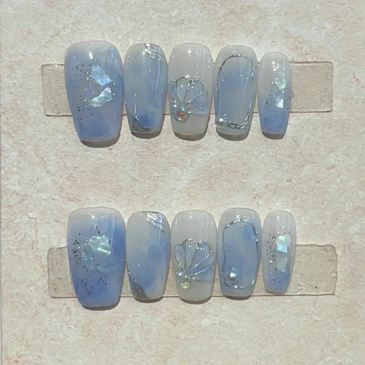 10 Pcs Handmade Short Square Press-On Nails – Full Cover Flower & Cat Eye Ballet False Nails Manicure Tips