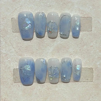 10 Pcs Handmade Short Square Press-On Nails – Full Cover Flower & Cat Eye Ballet False Nails Manicure Tips