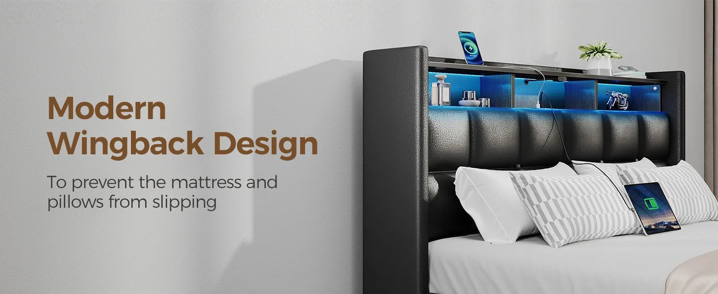 Twin Size Bed Frame with Lift-Up Storage – Charging Station, LED Lights & Upholstered Headboard, Heavy Duty Wooden Slats