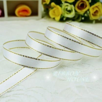 25 Yards 10mm Satin Ribbon with White & Gold Edge - High-Quality Gift Packaging Ribbon