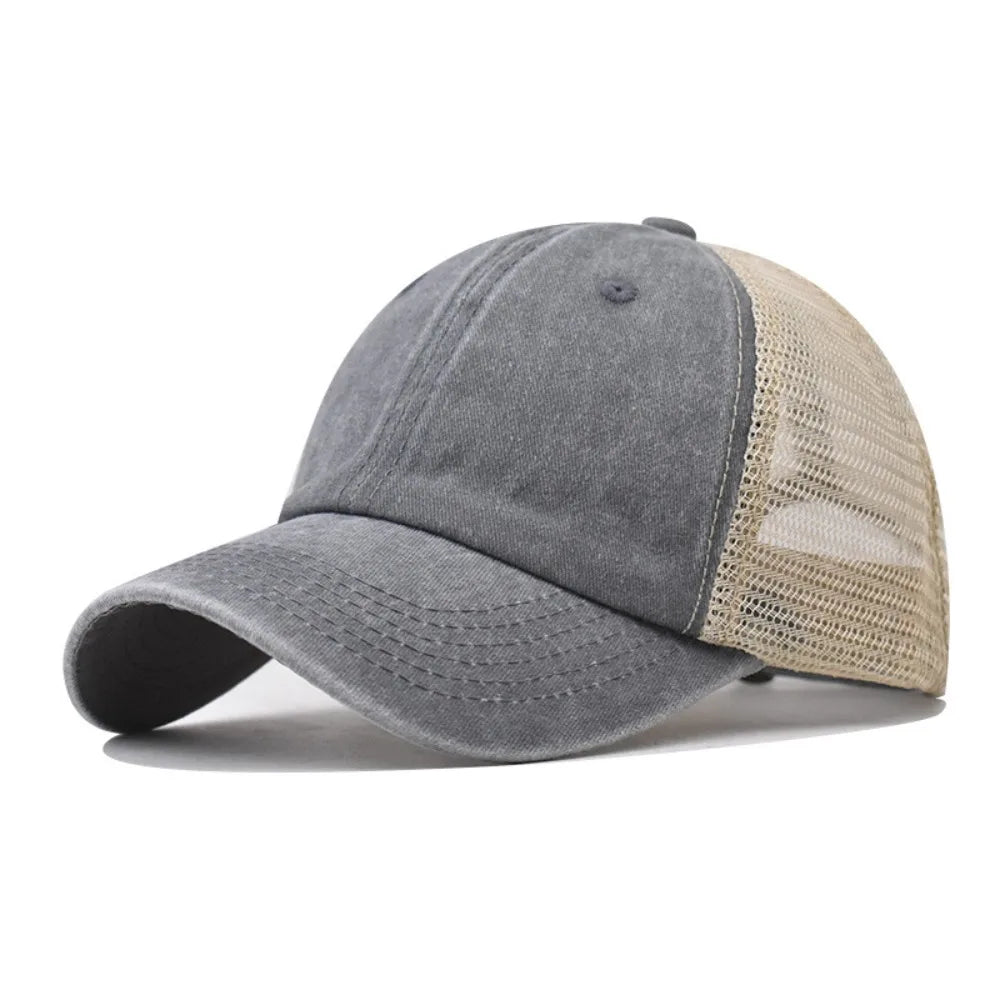 Vintage Washed Cotton Cap - Denim Mesh Baseball Hat with UV Protection for Women