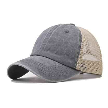 Vintage Washed Cotton Cap - Denim Mesh Baseball Hat with UV Protection for Women