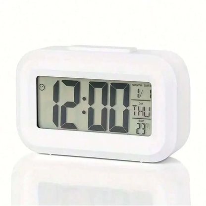 Smart Digital Alarm Clock – Black & White LCD with Temperature, Calendar, Timer & LED Light for Bedroom or Office (No Battery)