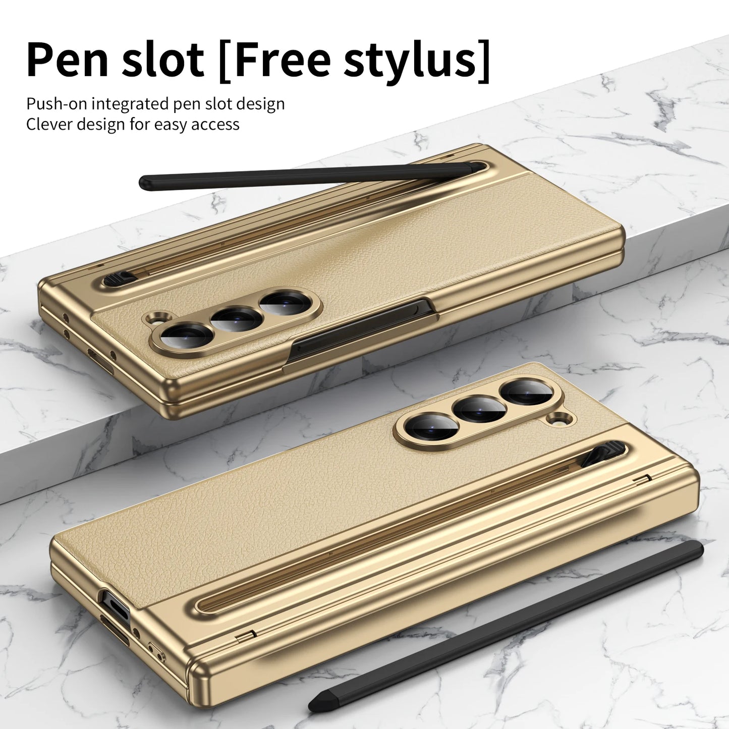 Slim Leather Case with Touch Pen for Samsung Galaxy Z Fold 6/5/W25/4/3 – Plated Hinge & Full Screen Protector Cover