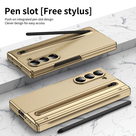 Slim Leather Case with Touch Pen for Samsung Galaxy Z Fold 6/5/W25/4/3 – Plated Hinge & Full Screen Protector Cover