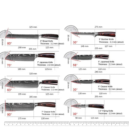 Laser Damascus Kitchen Knife Set – Cleaver, Meat, Fruit, Bread, Boning Knife and Chicken Scissors for Barbecue and Home Cooking