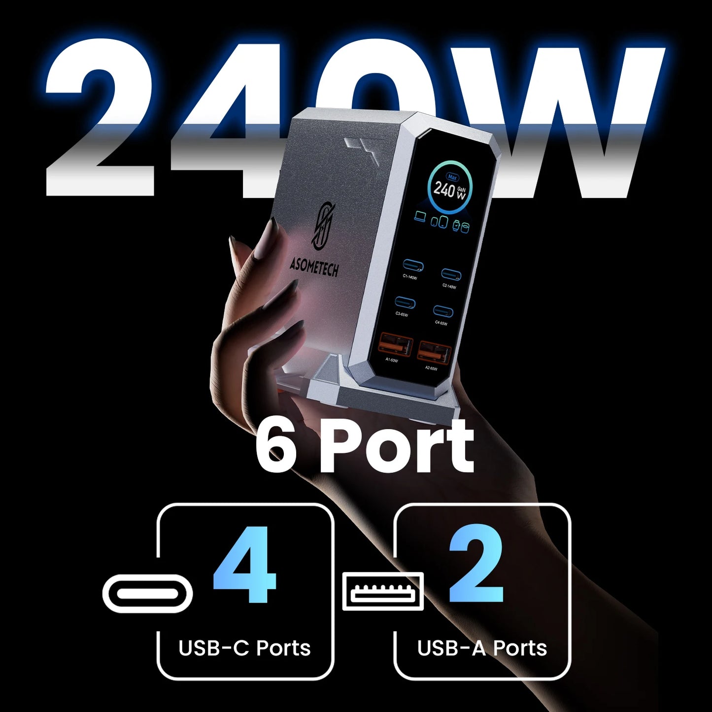 240W GaN Charging Station - 6-in-1 140W PD3.1 PPS USB-C Fast Charger with Digital Display
