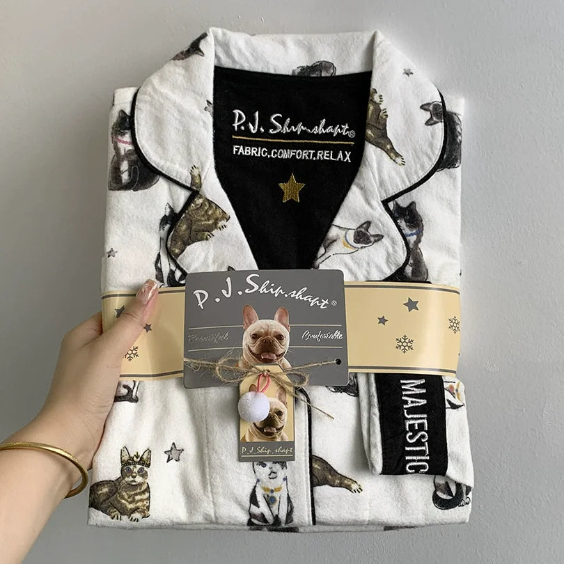 Women's Winter Cartoon Pajama Set - Warm Cotton Wool Sleepwear Long Sleeve Homewear