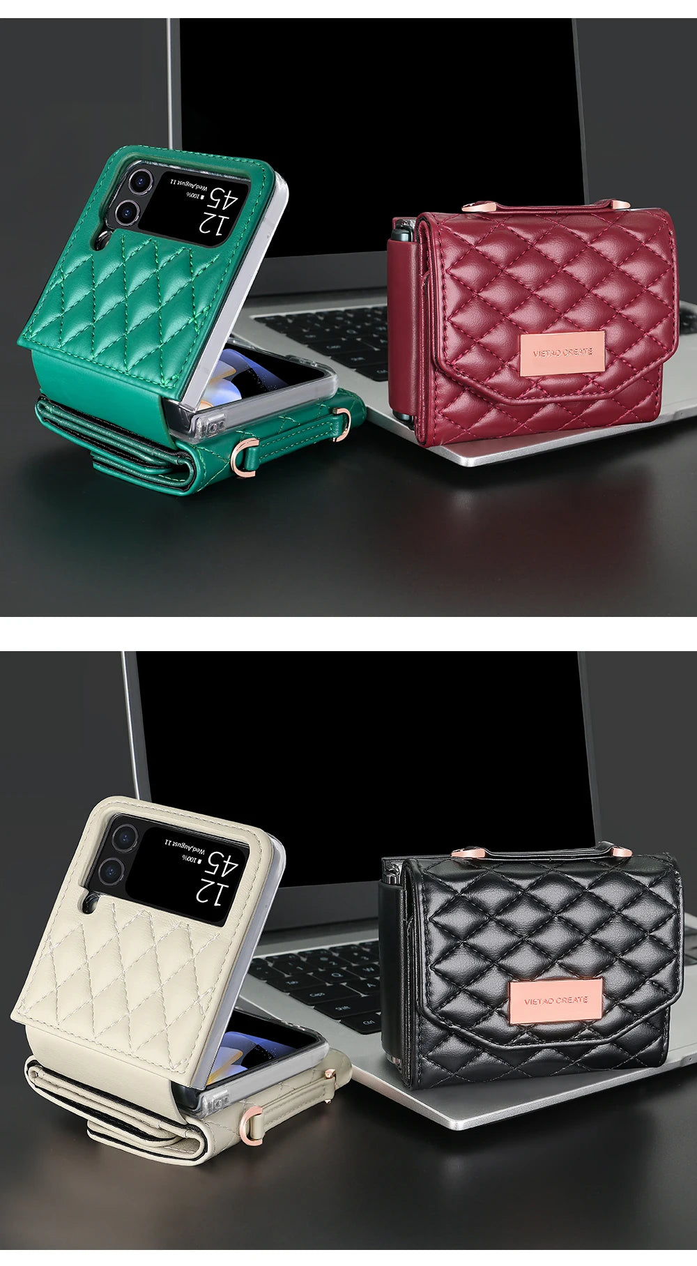 VIETAO Leather Wallet Phone Case with Crossbody Strap — Pink Purse Case for Samsung Galaxy Z Flip 3/4/5/6/7