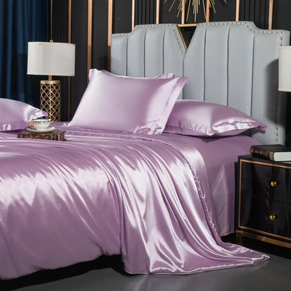 Nordic Silk Bedding Set With Duvet Cover - Luxury Solid Color Bed Sheet & Pillowcase Set For Single Double Couple Summer Bed Linen