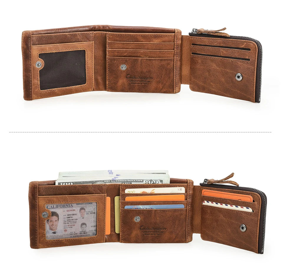 CONTACT'S Genuine Crazy Horse Leather Trifold Wallet – Vintage Men's Cowhide Wallet with Zip Coin Pocket