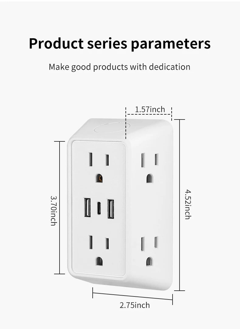 9-in-1 Power Strip – 2 USB Sockets, 1 Type-C Socket, 6 AC Sockets, Compact Wall Plug Power Expander