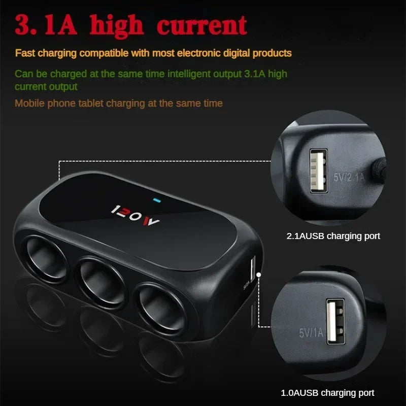 3-Socket Car Cigarette Lighter Splitter - 120W 12V/24V Dual USB Fast Charger Adapter for iPhone, GPS and Dashcam