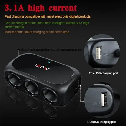 3-Socket Car Cigarette Lighter Splitter - 120W 12V/24V Dual USB Fast Charger Adapter for iPhone, GPS and Dashcam