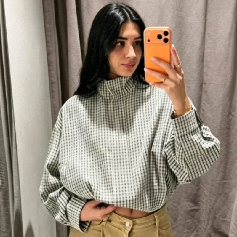 HXAO Plaid Bomber Jacket for Women - Oversized Cropped Long Sleeve Zipper Jacket for Spring & Autumn Casual Wear
