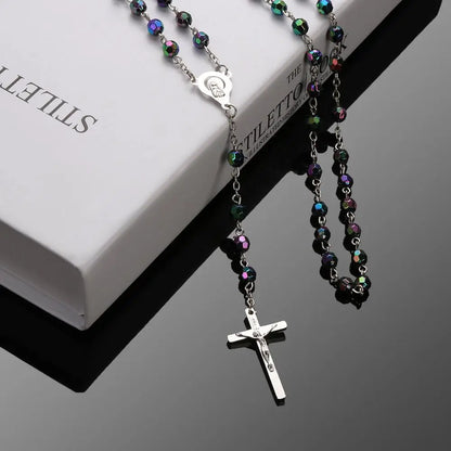 Vintage Crucifix Cross Necklace – Jesus Rosary Beads Chain with Virgin Mary Pendant Religious Jewelry Charm for Men & Women