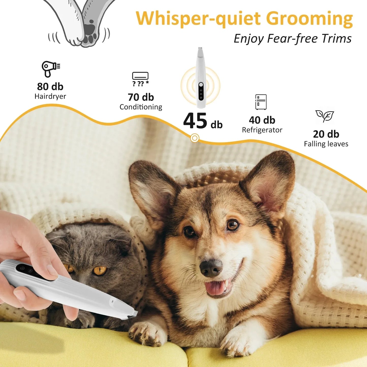 Pet Dog & Cat Paw Trimmer - LED Light, Low Noise, Waterproof Cordless Hair Clipper Grooming Tool