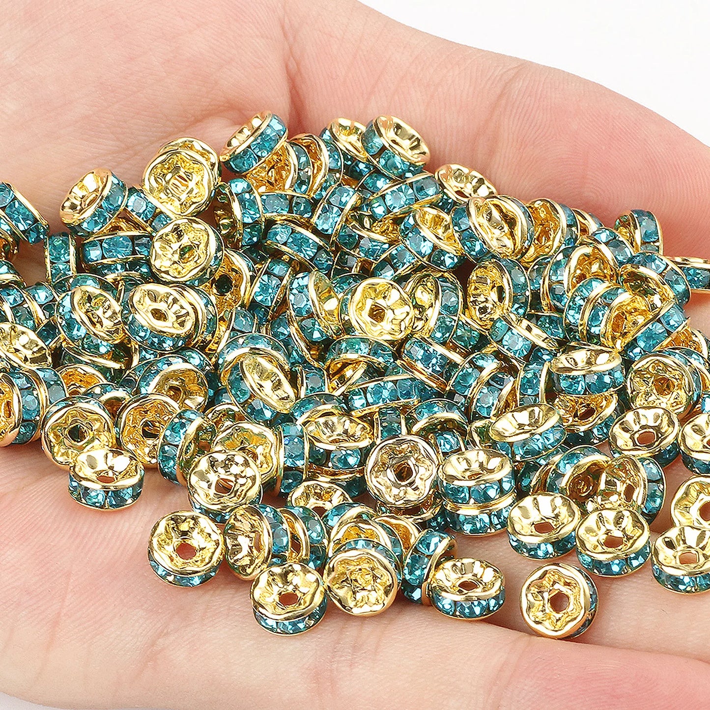 50PCS Rhinestone Spacer Beads Set – Multi-Color Crystal Rondelle Metal Beads for DIY Jewelry & Bracelet Making