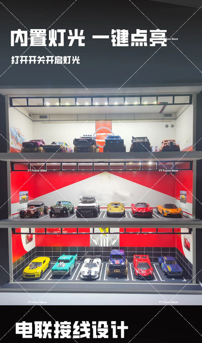 1:64 Scale Garage Scene Model with Lights – Assembled Parking Lot Diorama for Miniature Car Display