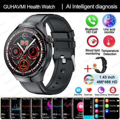 2025 Nursing-Grade Smartwatch — Blood Oxygen, Lipid, Uric Acid, ECG+PPG, Body Temperature & Bluetooth Call Health Tracker