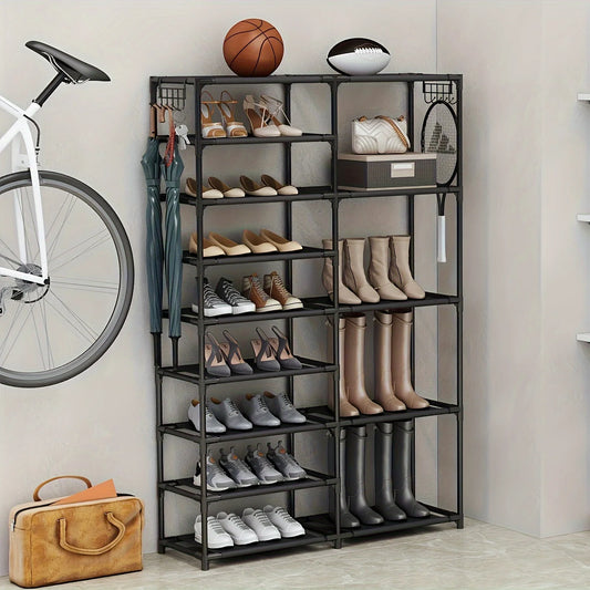 9-Tier Tall Shoe Rack with Hooks – Heavy Duty Vertical Organizer, Large Capacity Holds 24-35 Pairs, Black