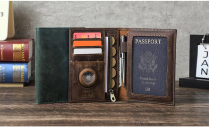 Genuine Cow Leather Passport Holder with AirTag Case – RFID Blocking Travel Wallet with Pen, Card Holder & Anti-Lost Pocket