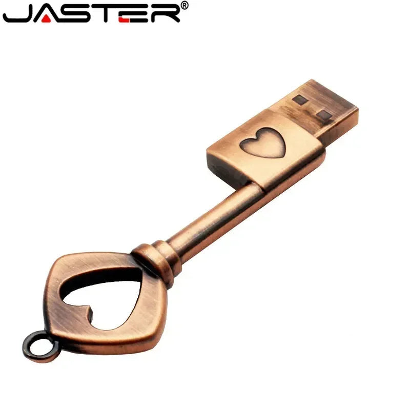 JASTER Copper Heart-Shaped Key USB Flash Drive – Metal Pendrive Memory Stick 4GB/16GB/32GB/64GB, Perfect Wedding Gift
