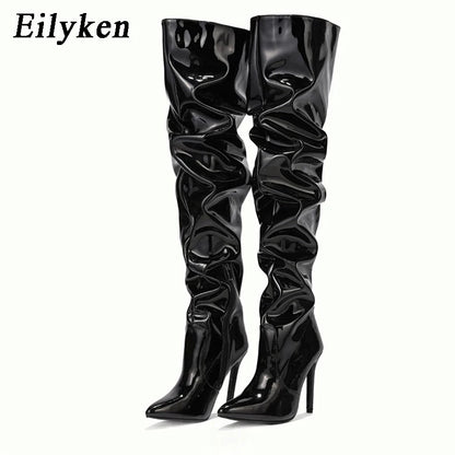 Eilyken Red Over-the-Knee Stiletto Boots for Women – Patent Leather Pointed Toe High Heel Zip-Up Shoes