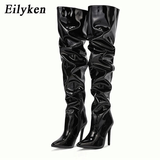Eilyken Red Over-the-Knee Stiletto Boots for Women – Patent Leather Pointed Toe High Heel Zip-Up Shoes