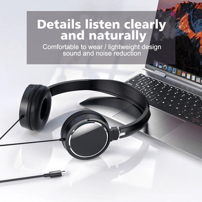 3.5mm & Type-C Wired Headphones - Foldable Stereo Headset with Bass & Noise Cancellation