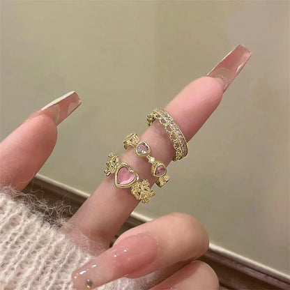 3PCS Heart Zircon Open Ring Set - Y2K Gothic Fashion Jewelry Accessories for Women & Girls