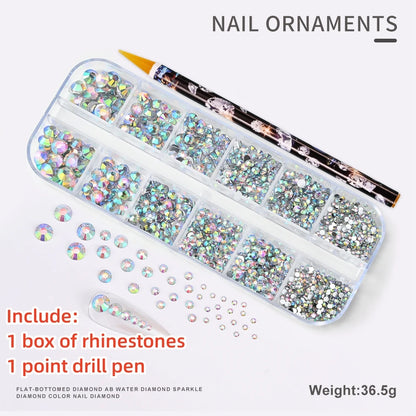 12-Grid 3D Glass AB Crystal Nail Art Rhinestones Kit – Flatback Round Beads with Tools for Nail Jewelry & Diamond Decoration