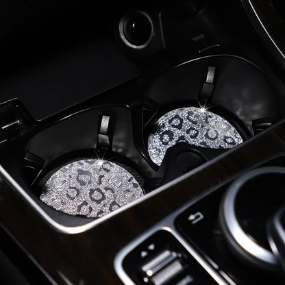 Waterproof Car Cup Holder Set - Glitter Leopard Print TPU Anti-Slip Interior Accessories