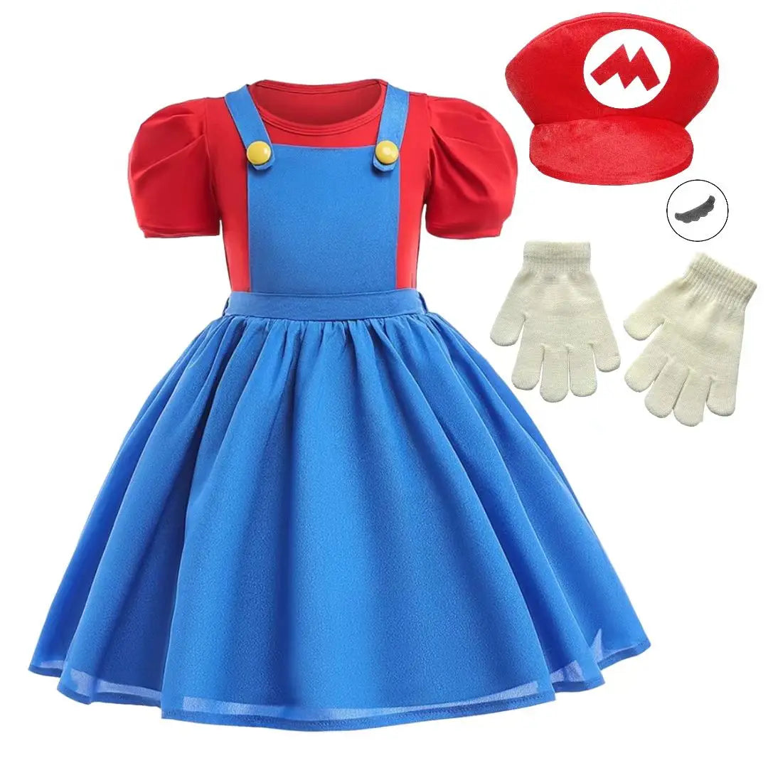 Girls Super Bros Cosplay Dress Set - Puff Sleeve Halloween & Birthday Party Costume