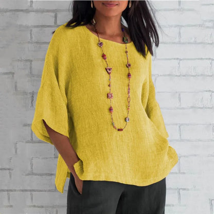 Women's Cotton Blouse Shirt - Loose 3/4 Sleeve O-Neck Casual Summer Streetwear Top