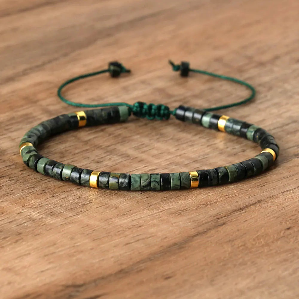 Natural Blue Emperor Stone Beaded Bracelet – Polished Block Beads, Adjustable Woven Rope Women’s Gift Jewelry
