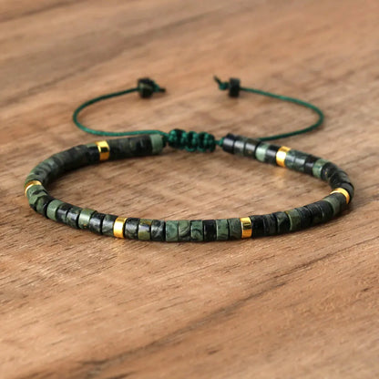 Natural Blue Emperor Stone Beaded Bracelet – Polished Block Beads, Adjustable Woven Rope Women’s Gift Jewelry