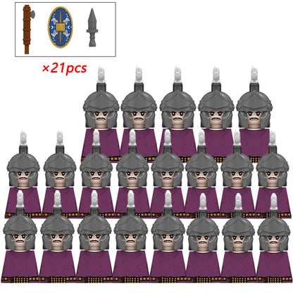 21PCS MOC Medieval Knights & Roman Legion Soldiers Building Blocks Set Warrior Figures with Weapons Helmet Bricks Toy Collection