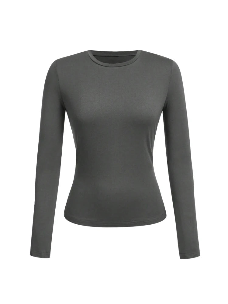 Women's Solid Color Long Sleeve T-Shirt – Round Neck Knitted Polyester Regular Fit Fall Winter Top