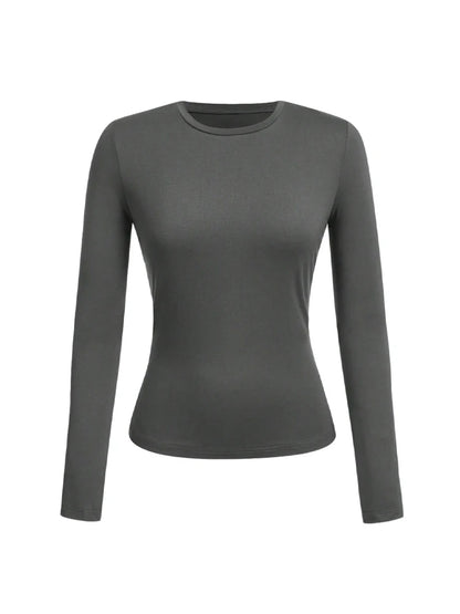 Women's Solid Color Long Sleeve T-Shirt – Round Neck Knitted Polyester Regular Fit Fall Winter Top