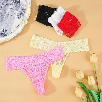 3PCS Lace Floral Women’s Panties - Low Waist Breathable Briefs & Thong, Sexy G-String Transparent Underwear (M-2XL)